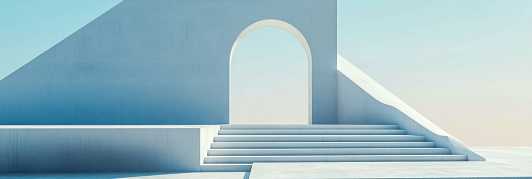 Minimalist stage design featuring geometric shapes and clean lines, with a staircase leading up to an open arched doorway set against a bright white backdrop,