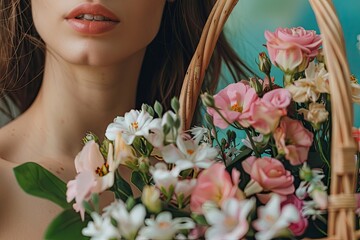 Detailed Color Picture of Closeup Woman with Flowers in a Basket