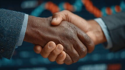 Two diverse businesspeople shake hands over a tech-filled table with financial graphs, city skyline and digital screen in the background.