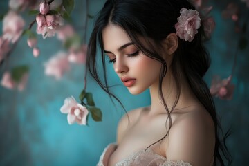 premium quality image of beautiful young woman with clean fresh skin touches own face