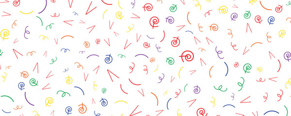 Colorful Doodle Pattern with Spirals, Arrows, and Curves on White Background, Perfect for Abstract Art, Fun Designs, and Creative Graphic Projects
