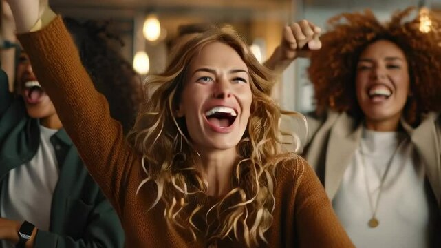 full shot, multi-ethnic team celebrating a successful project launch in a contemporary office lounge, genuine joy and laughter, warm ambient lighting
