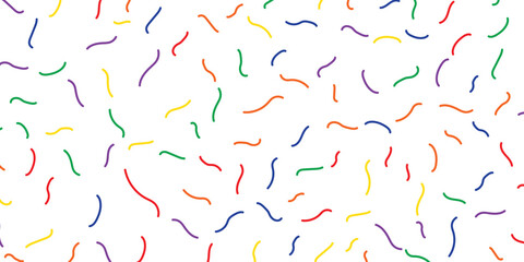 Playful Colorful Squiggle Lines on White Background Forming a Seamless Abstract Pattern, Ideal for Kids Designs, Party Themes, Art Projects, and Creative Backdrops.