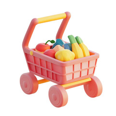 Pink shopping cart filled with colorful fruits isolated on a transparent background