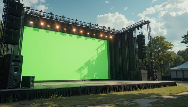 Outdoor stage with a green screen backdrop awaits a performance in a park setting