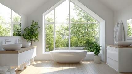 Bright bathroom with large window, tub, double vanity, wood floors, and plants