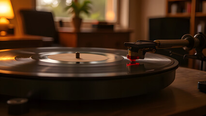 Vintage vinyl record playing on turntable in cozy living room  
