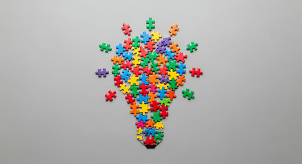 Abstract Representation of Innovation Using Puzzle Pieces Forming a Lightbulb Shape on Neutral Gray Background