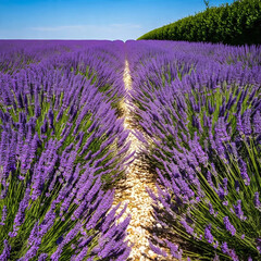 Obraz premium A vast lavender field in full bloom under a clear blue sky, with a narrow dirt path cutting through the purple flowers.