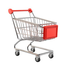 Silver shopping cart with red accents isolated on a transparent background