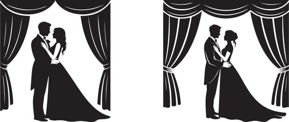 Collection set of Romantic Wedding Couple Silhouette on Stage with Curtains and Elegant Pose vector silhouette