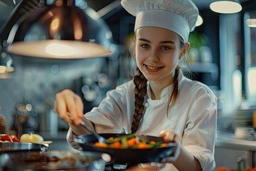 High Quality Picture of Smiling Teen Girl in Chef Uniform Cooking Vegetables Grocery