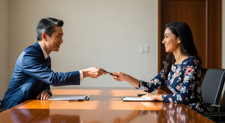 Two hands passing pen for document signing