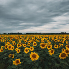 Obraz premium Large sunflower field swaying under a slightly overcast summer sky