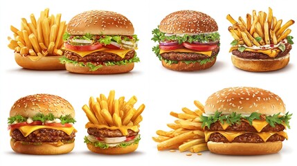Collection of delicious burgers with crispy fries, a classic fast-food meal in bright colors