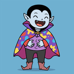 Black-and-white line art of a laughing vampire character with pointed ears, fangs, and hands on the belly, wearing a patterned cape, boots, and festive outfit—full of Halloween cheer.