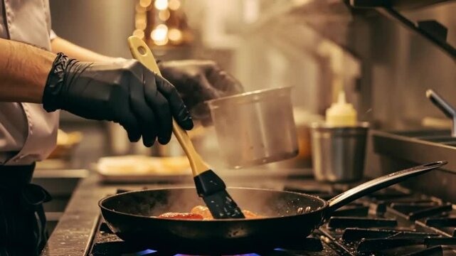 Chef basting salmon in a pan on a stovetop