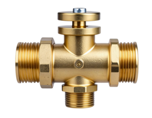 Side View of Brass-Coated Industrial Gas Valve with Connector, Transparent Background