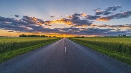 Naklejka premium Straight Road Leading into the Horizon at Sunset