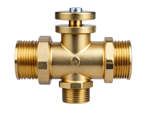 Side View of Brass-Coated Industrial Gas Valve with Connector, Transparent Background