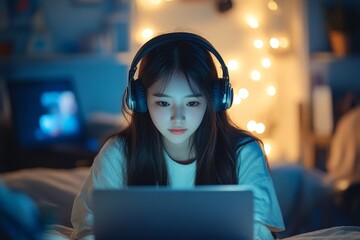 Young Asian female self-learning through video webinars at home, engaging in online education for personal growth, Generative AI