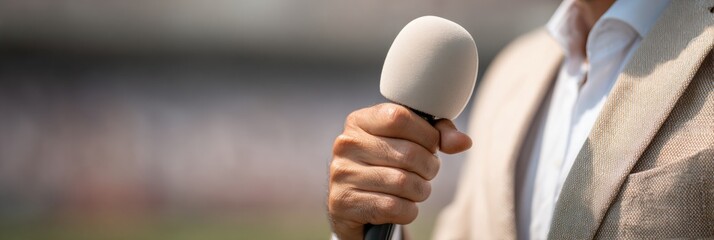 World Sports Journalists Day Focus Reporter Holding Microphone at Stadium, Autumn Media Season and Black Friday Commercial Campaign Trend