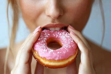Woman cheating on her diet and eating a doughnut, with a selective focus on her mouth as she indulges in a moment of temptation, Generative AI