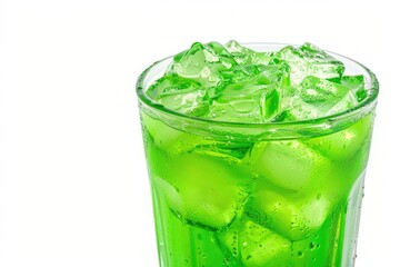 Refreshing green soda soft drinks with ice in a clear tall glass isolated on white background