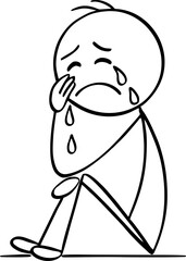 Vector cartoon stick figure drawing conceptual illustration of crying.