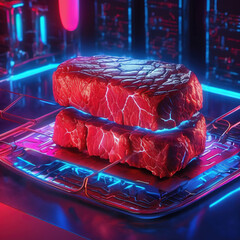 Glowing Neon Steak in Synthwave Style with Scientific Visualization