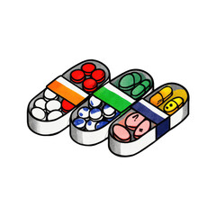 Colorful pill containers in a stylized 'W' shape