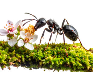 Macro Shot of Ant Carrying Food Across Mossy Ground with Tiny Flowers, Isolated PNG