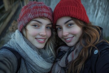 Two young women having fun taking a selfie, enjoying the moment and capturing memories together during a fun outing, Generative AI