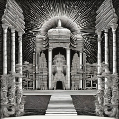 Mixed Perspective Temple of Light in Woodcut Style