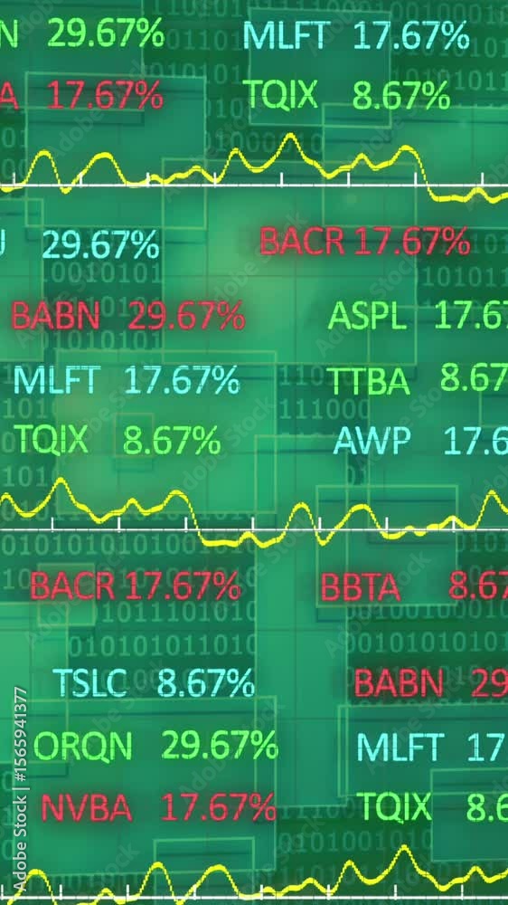 Poster animation of stock market and binary coding over green background