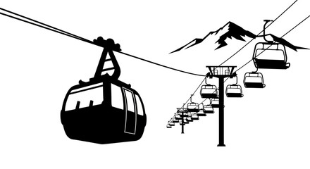 Silhouette illustration of a cable car system ascending towards a mountain peak.