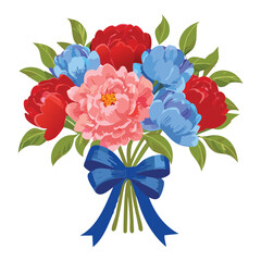 Colorful Peony Flower Bouquet with Blue Ribbon