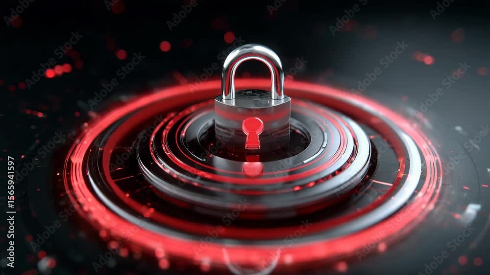 Poster futuristic digital lock with glowing red circular patterns representing advanced security technology
