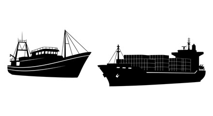 Fototapeta premium Silhouette depiction of a fishing trawler and a container cargo ship, side by side.