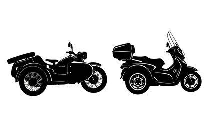 Obraz premium Silhouette illustrations of a classic sidecar motorcycle and a modern three-wheeled scooter.