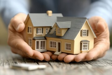 Transfer of property rights to a customer, close-up shot of a realtor handing over a house model to the client, symbolizing the completion of a property deal, Generative AI