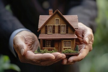 Transfer of property rights to a customer, close-up shot of a realtor handing over a house model to the client, symbolizing the completion of a property deal, Generative AI