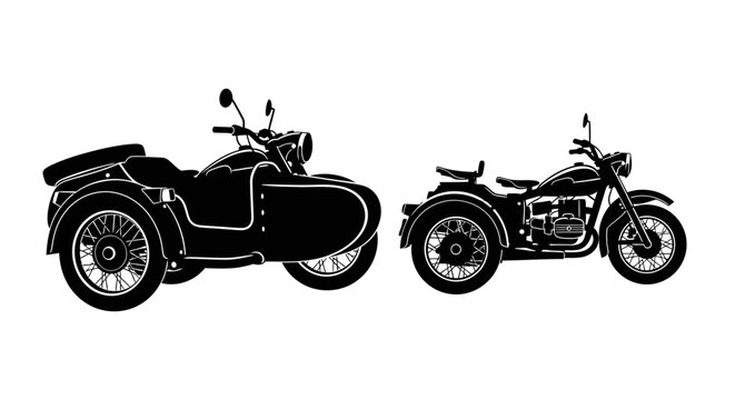 Side-by-side silhouette illustrations of vintage motorcycle sidecar and motorcycle.