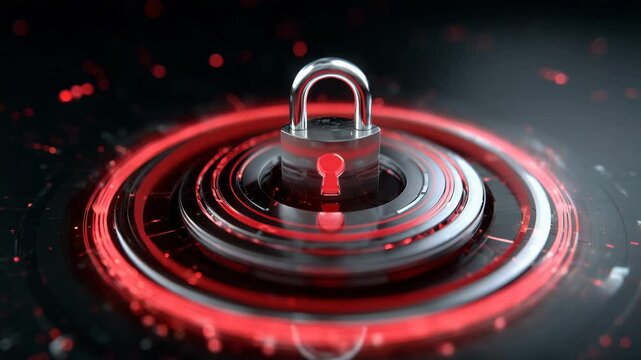 Futuristic digital lock with glowing red circular patterns representing advanced security technology and cyber protection in a modern cyber environment