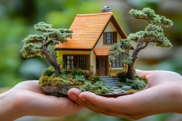 Transfer of property rights to a customer, close-up shot of a realtor handing over a house model to the client, symbolizing the completion of a property deal, Generative AI
