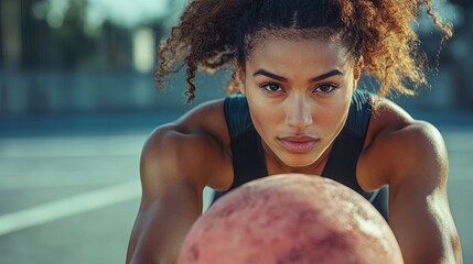 Muscular female athlete exercising with a medicine ball, enhancing strength and coordination in a dynamic workout session, Generative AI