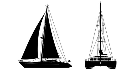 Silhouette illustration of a sailboat, shown from a side view and a front view, against a white background.
