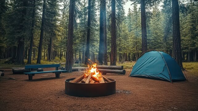 Camping setup with a tent and fire pit in a forest clearing