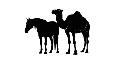 Fototapeta premium Silhouette depiction of a horse and camel standing side-by-side, facing forward.
