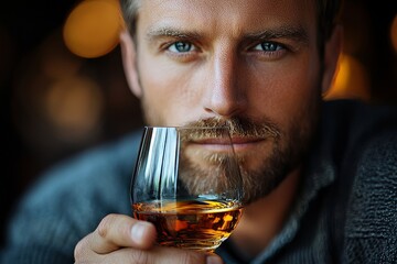 Close-up of a man holding a glass of whisky, reflecting a moment of relaxation or contemplation, Generative AI